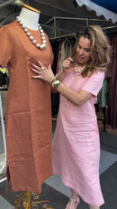 Vestido 100% Linho Midi Reto Manga Curta e Fendas Laterais - Terracota