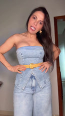 Macacão Jardineira Jeans Claro Alças Finas e Calça Wide-Leg - Jeans Azul Claro