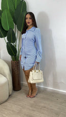 Vestido Chemise Curto Listrado - Listrado Azul