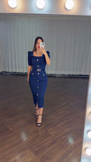 Vestido Midi Tubinho Botões Dourados - Azul Marinho