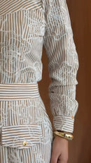 Vestido Chemise Listrado Bordado - Bege Listrado