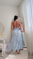 Vestido Midi Renda Flores 3D - Azul Serenity