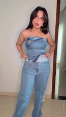 Conjunto Jeans Claro Top Bandeau Franzido e Calça Wide-Leg - Jeans Azul Claro