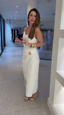 Conjunto Off-White Top Decote Cowl e Saia Midi Wrap com Broche Dourado - Off-White