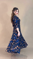 Vestido Longo Estampado com Zíper - Marinho Folhagem