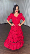 Vestido Midi Guipure Floral - Vermelho