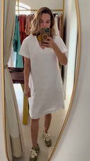 Vestido 100% Linho Branco Curto Manga Curta Gola V - Branco
