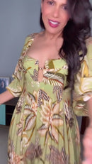 Vestido Floral Tropical Verde Limao Manga Bufante e Saia Evasê - Verde Limao Floral