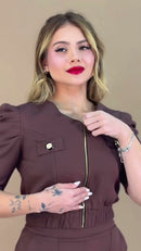 Conjunto Blusa Zíper e Saia Midi - Marrom Chocolate