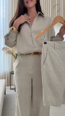 Conjunto 100% Linho Bege Camisa Manga Comprida Colarinho e Calça Pantalona - Bege