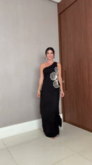 Vestido Longo Preto com Flores Bordadas - Preto