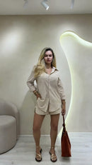 Conjunto 100% Linho Camisa e Shorts - Bege