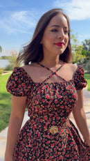 Vestido Floral Preto Alças Cruzadas - Preto Floral