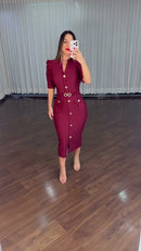 Vestido Midi Tubinho Botões Dourados - Marsala
