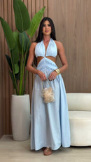 Vestido Longo Azul Frente Única - Azul Claro