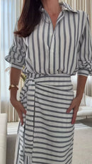 Conjunto Listrado Saia Envelope - Listrado Cinza e Branco