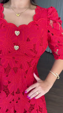 Vestido Midi Guipure Floral - Vermelho