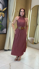 Vestido Midi Plissado Rosé Gola Halter - Rosé