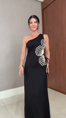 Vestido Longo Preto com Flores Bordadas - Preto