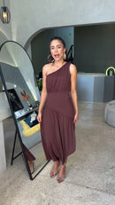 Vestido Midi Um Ombro Marrom - Marrom