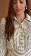 Vestido Chemise Listrado Bordado - Bege Listrado
