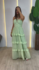 Vestido Longo Menta em Camadas - Verde Menta
