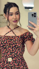 Vestido Midi Floral Ombro a Ombro - Preto Floral