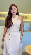 Vestido Longo Decote Cruzado Botões - Bege