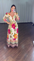 Vestido Longo Estampa Tropical - Off White Estampado