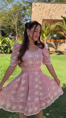 Vestido Rosa Laise Manga Bufante - Rosa