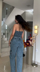 Macacão Jeans Cargo - Jeans Azul