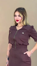 Conjunto Blusa Zíper e Saia Midi - Marrom Chocolate