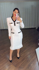 Vestido Midi Tweed Contraste - Branco