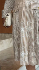 Conjunto Saia Midi Listrado Bordado - Bege Listrado