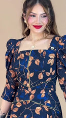 Vestido Longo Estampado com Zíper - Marinho Folhagem