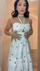Vestido Laise com Flores Bordadas - Branco Flores Rosa