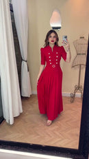 Vestido Longo Vermelho Botões Pérola - Vermelho