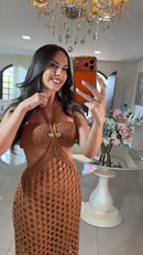 Vestido Crochê Franjas - Caramelo