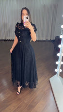Vestido Preto Tule Bordado - Preto