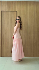 Vestido Longo Busto Franzido - Rosa Claro