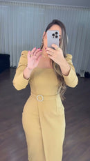 Vestido Midi Envelope Decote Quadrado - Mostarda