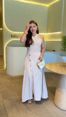 Vestido Longo Decote Cruzado Botões - Bege