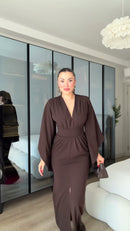 Vestido Longo Manga Kimono - Marrom Chocolate