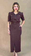 Conjunto Blusa Zíper e Saia Midi - Marrom Chocolate