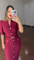 Vestido Midi Tubinho Botões Dourados - Marsala