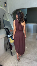 Vestido Midi Um Ombro Marrom - Marrom