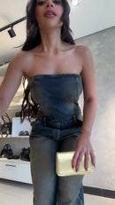 Macacão Jeans Sem Alças Estonado - Jeans Escuro Estonado