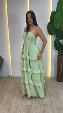 Vestido Longo Menta em Camadas - Verde Menta