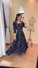 Vestido Longo Estampado com Zíper - Marinho Folhagem