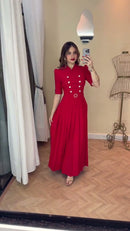 Vestido Longo Vermelho Botões Pérola - Vermelho